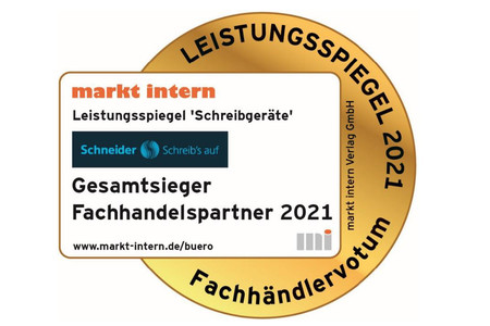 2021 Schneider Schreibgeräte a été élue numéro un dans une enquête faite par le service d' information indépendant « markt intern ».  