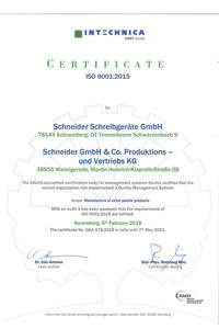 As confirmed by the certification organisation, Intechnica Cert, Schneider Schreibgeräte fulfils all requirements of the ISO 9001:2015.