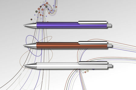 Der neue Perlia Druckkugelschreiber in seinen drei Farben Violett, Bronze und Weiß