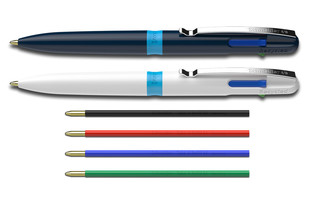 Der neue Vierfarb-Kugelschreiber Take 4 ist in den Gehäusefarben weiß oder dunkelblau mit jeweils cyanfarbiger Applikation erhältlich.