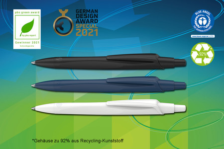 German Design Award 2021 für zwei Produkte, den 4-Farb Kugelschreiber Take 4 und den Kugelschreiber Reco.