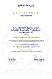 ISO 14001 Zertifikat für die Produktionsstandorte der Schneider Schreibgeräte GmbH