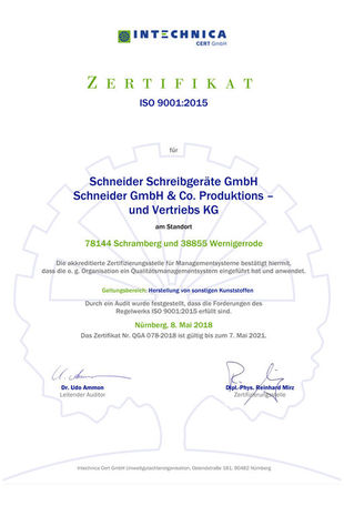 ISO 9001:2015 Zertifikat, das sich auf alle Geschäftsbereiche des Unternehmens bezieht.