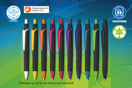 Kugelschreiber Reco gewinnt den PSI Award  2021  als "Sustainable Product". Er ist der erste Kugelschreiber mit „Blauer Engel“-Zertifizierung.