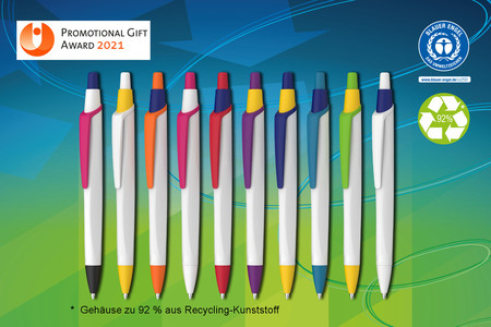 Kugelschreiber Reco in weiß - kombinierbar mit vielen verschiedenen Farbvarianten für den Clip-, die Spitze und Drücker.