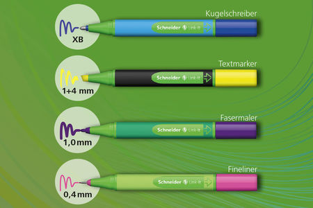 Link-It jetzt neu auch als Kugelschreiber und Textmarker: Mix und Match aus Farben und verschiedenen Stiftarten