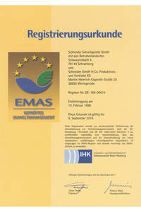 Registrierungsurkunde bestätigt die Ersteintragung von Schneider in das EMAS Register
