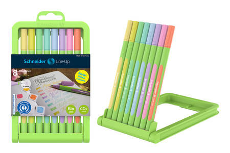 Schneider Fineliner Line-Up Pastel made from biobased plastic. Awarded with the world's best-known eco-label "Blue Angel".