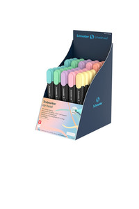 The 6 new pastel shades of the popular and award-winning highlighter Job from Schneider in the attractive counter display.