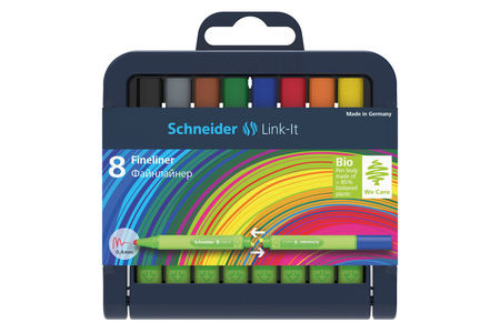 The adjustable pencil case is available in two versions: either with eight or 16 different colours as fineliner or fibrepens.
