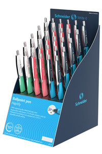 The colourful ballpoint pen Haptify in a counter display: Ten of each version of the three colours.