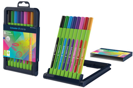 The colourful fineliners are packed in a convenient adjustable pencil case stand.