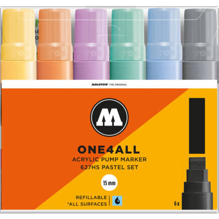 One4All 627HS 15 mm  Pastel-Set Multipack Strichstärke 15 mm Acrylmarker von Molotow